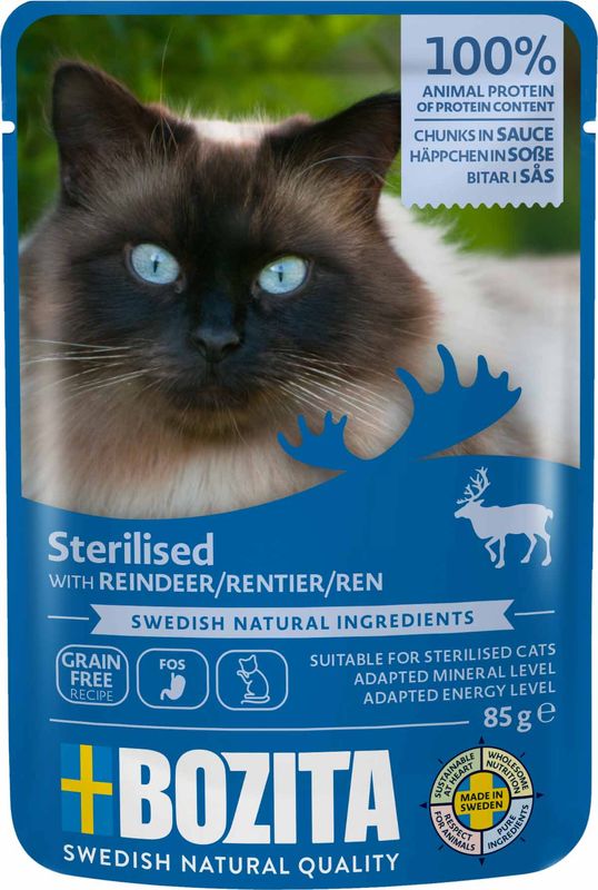 Bozita Feline-biter i saus for steriliserte katter med rensdyr 85 g