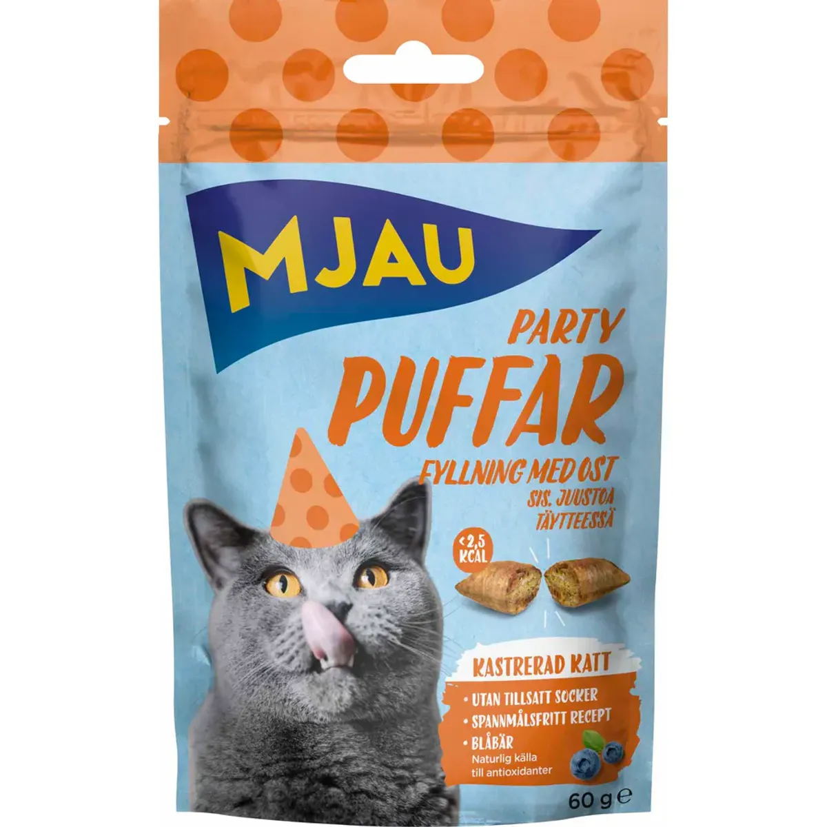 Mjau Partypuffar Ost 60g | Sprø Godbiter til Katt