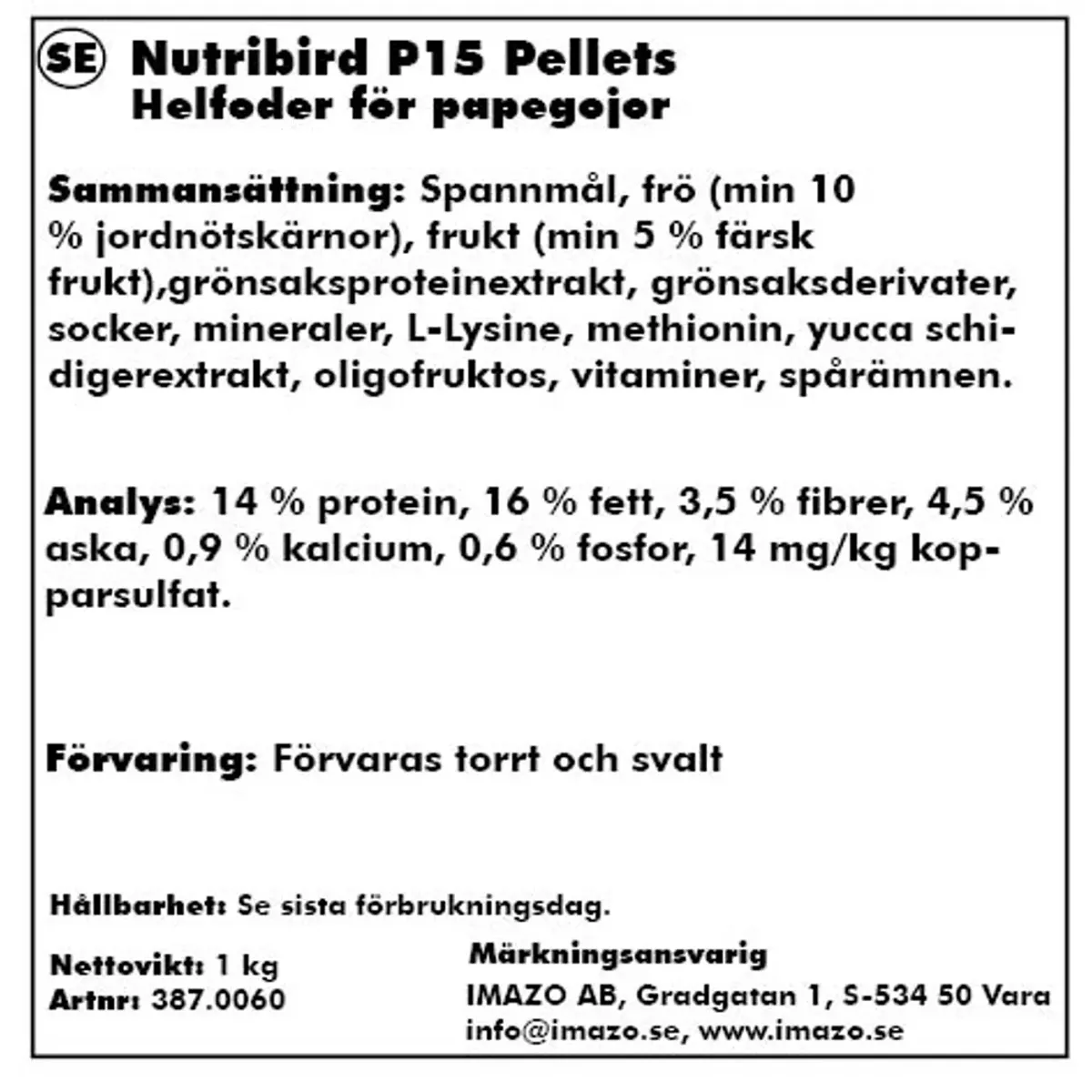 NUTRIBIRD P15 Papegøye Pellets - 1 kg